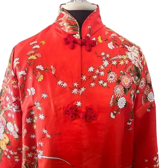 Vintage 1960s Red Floral Japanese Maxi Mandarin Collar House or Evening Coat L - Picture 4 of 11